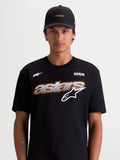 Alpinestars Cypress CSF Tee, t-shirt de manga curta para homem, preta e branca, com gráfico frontal astars em malha e logótipo Alpinestars Protects, vista frontal em modelo, material premium em mistura de algodão e poliéster.