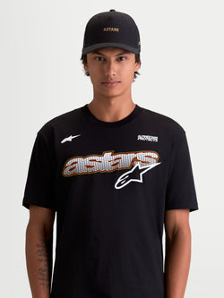 Alpinestars Cypress CSF Tee, Men's Short Sleeve Sportswear T-Shirt, Black and White, featuring a front mesh-fill graphic and Alpinestars Protects logo, on-model lifestyle view, premium cotton-poly material.