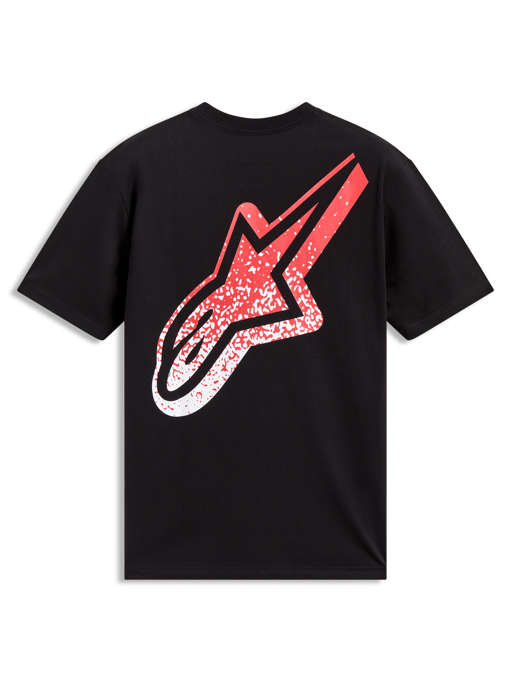 Alpinestars Meteor CSF Tee, t-shirt de manga curta preta, grande logótipo Astars com gradação MX em vermelho e branco nas costas, vista traseira, sportswear.