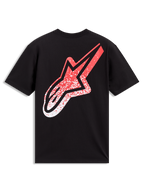 Alpinestars Meteor CSF Tee, t-shirt de manga curta preta, grande logótipo Astars com gradação MX em vermelho e branco nas costas, vista traseira, sportswear.
