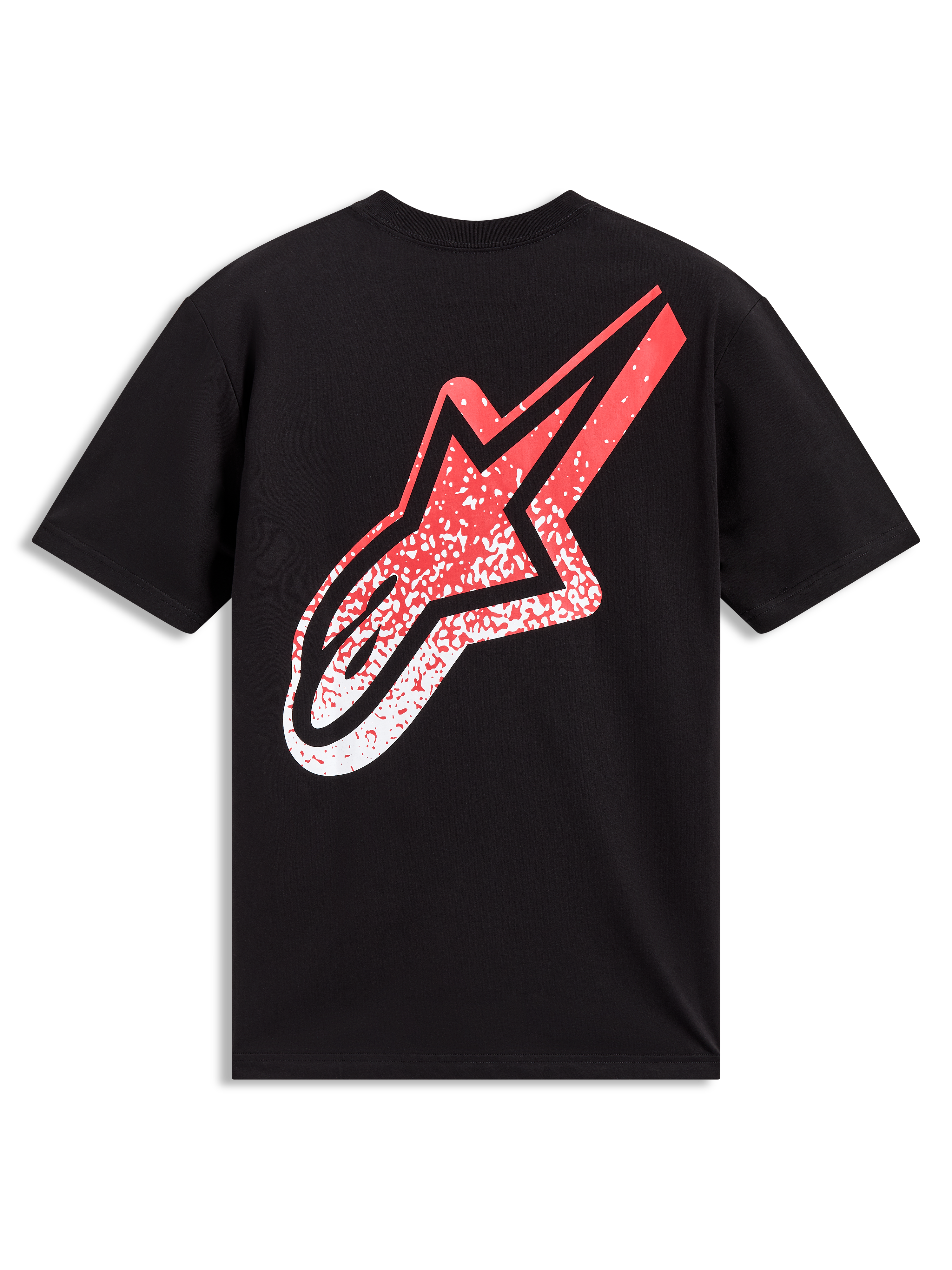 Alpinestars Meteor CSF Tee, t-shirt de manga curta preta, grande logótipo Astars com gradação MX em vermelho e branco nas costas, vista traseira, sportswear.