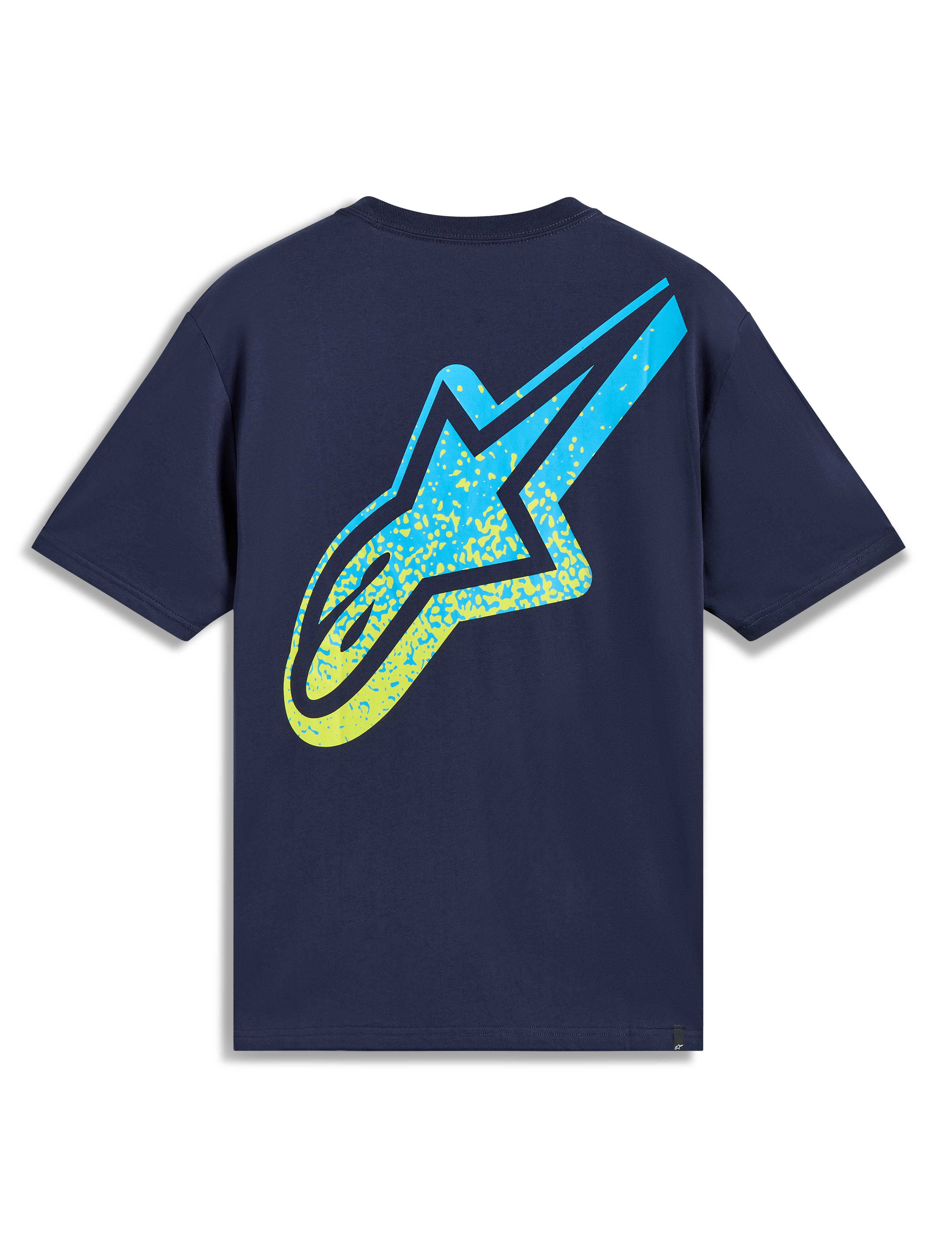 Alpinestars Meteor CSF Tee, Navy Blue short sleeve sportswear t-shirt with a large yellow and blue gradient Astars logo.