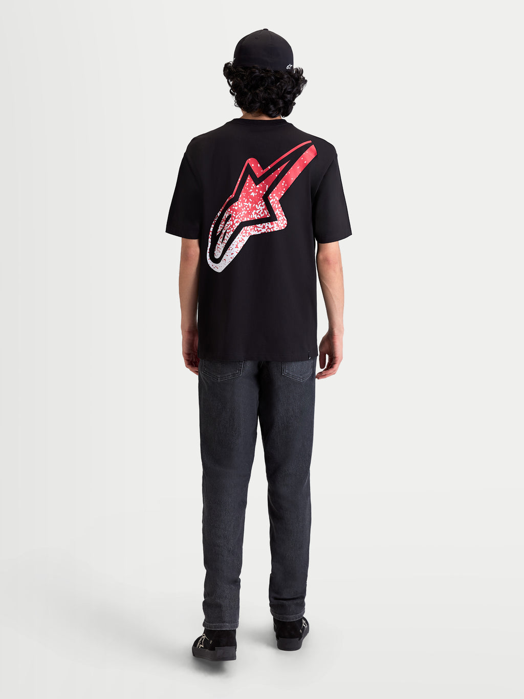 Alpinestars T-shirt Meteor CSF, t-shirt de manga curta para homem, preta, vista traseira com logótipo Astars grande em gradação de vermelho e branco, sportswear casual inspirado no MX.