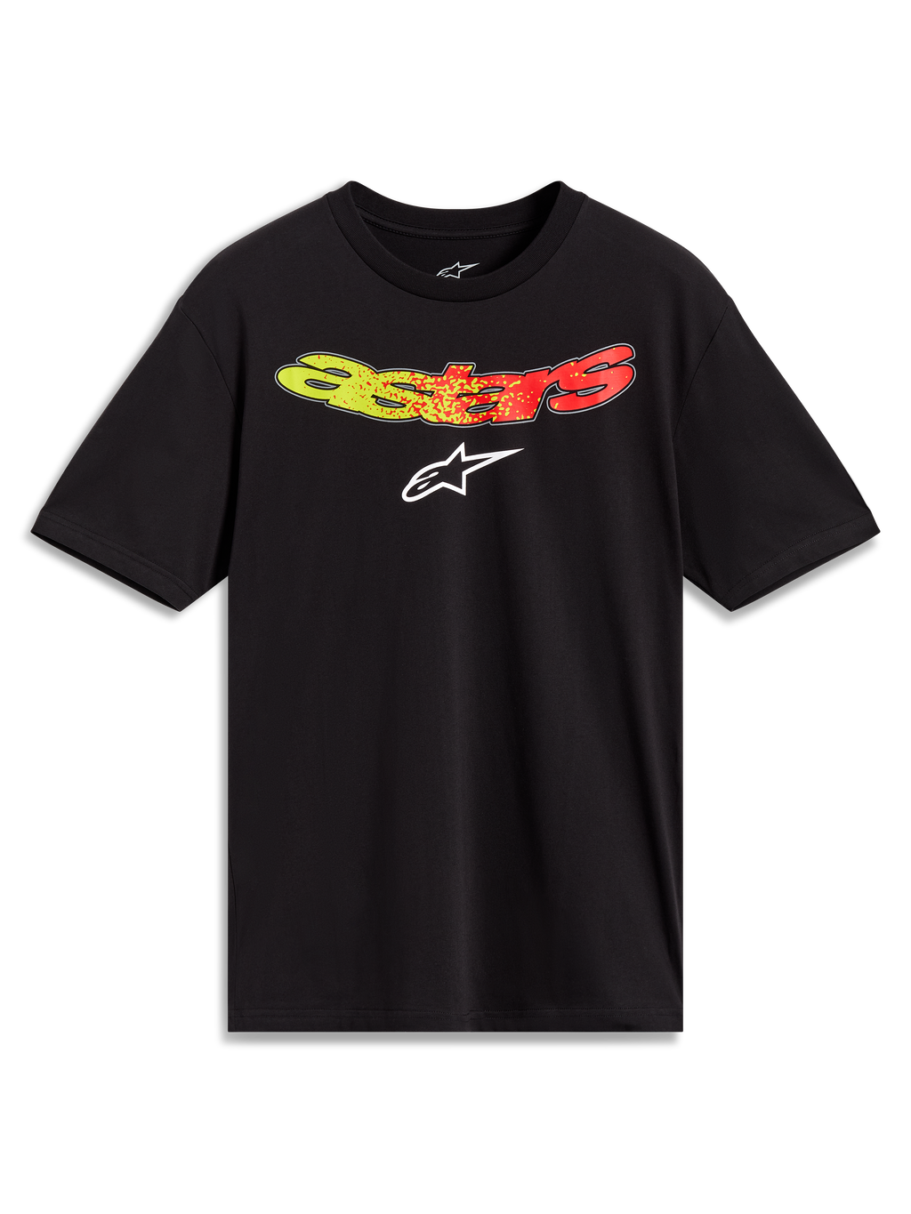 Alpinestars Elliptogrit CSF Tee, t-shirt preta de manga curta, gráfico Astars com gradiente amarelo a vermelho, sportswear casual.