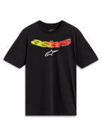Alpinestars Elliptogrit CSF Tee, t-shirt preta de manga curta, gráfico Astars com gradiente amarelo a vermelho, sportswear casual.