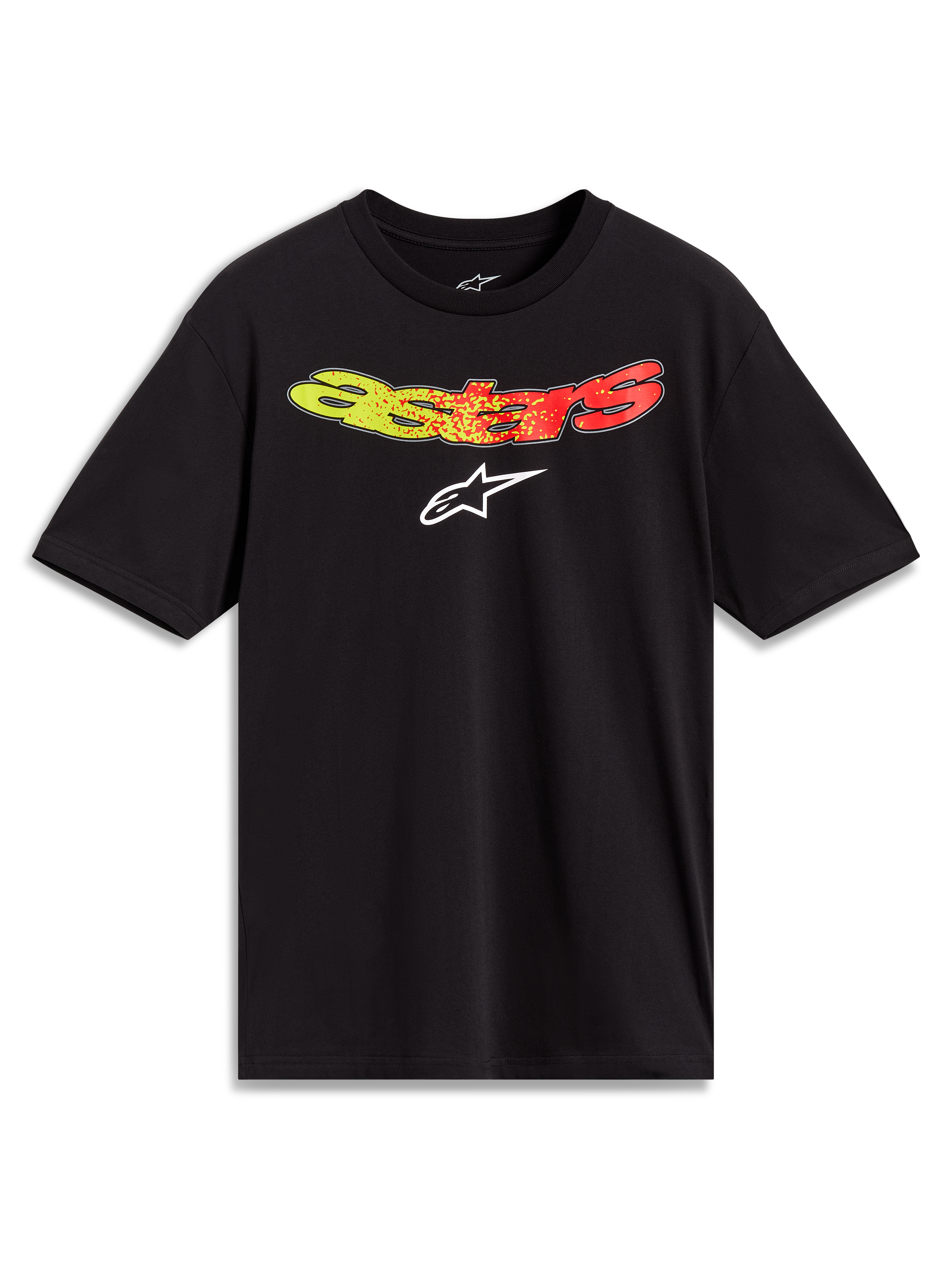 Alpinestars Elliptogrit CSF Tee, t-shirt preta de manga curta, gráfico Astars com gradiente amarelo a vermelho, sportswear casual.