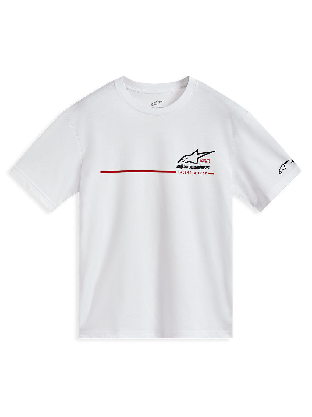Alpinestars P1 CSF Tee, t-shirt de manga curta branca com faixa de corrida vermelha e logótipo preto, roupa desportiva casual