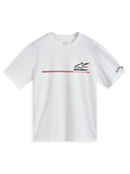 Alpinestars P1 CSF Tee, t-shirt de manga curta branca com faixa de corrida vermelha e logótipo preto, roupa desportiva casual