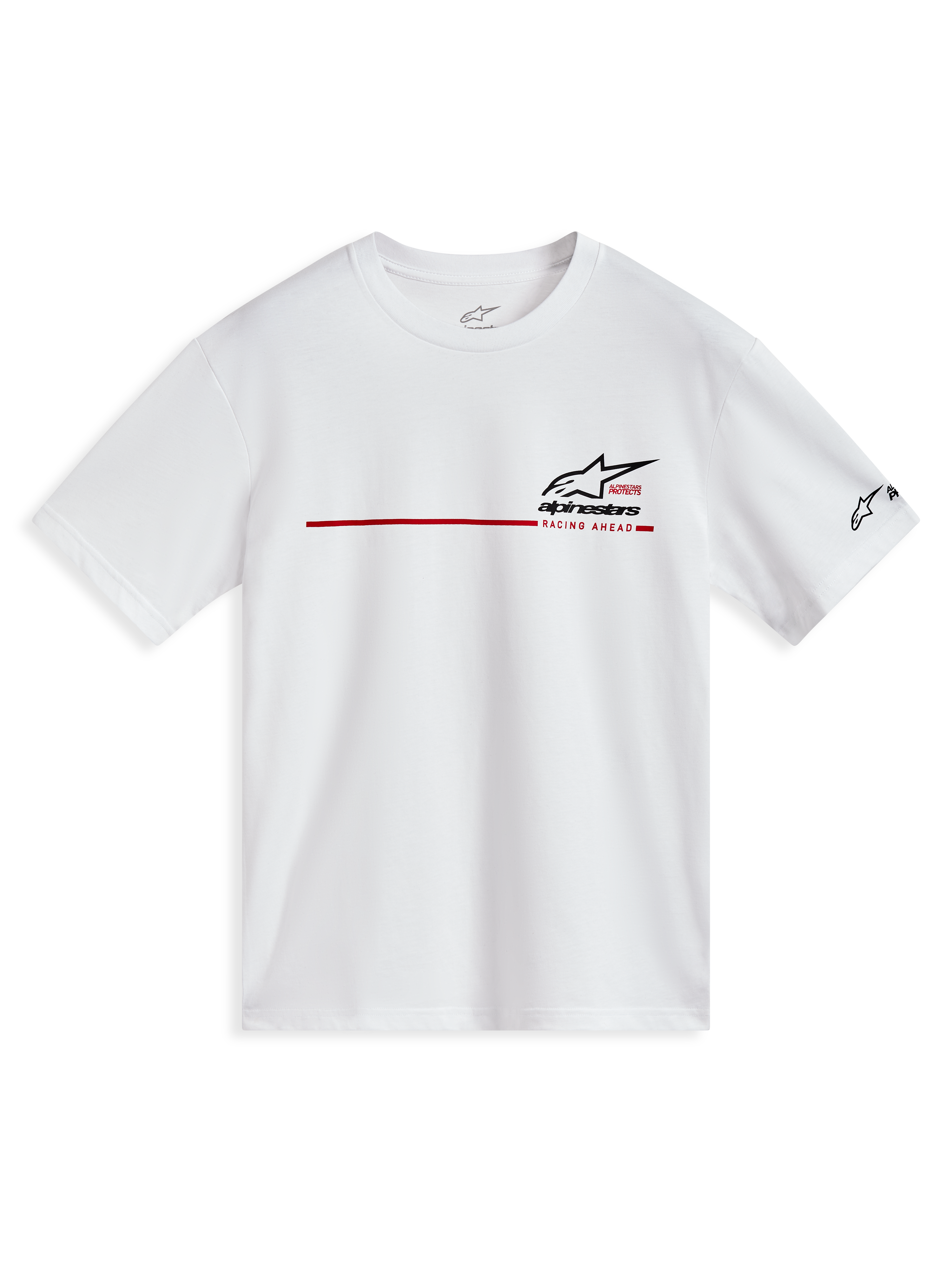 Alpinestars P1 CSF Tee, t-shirt de manga curta branca com faixa de corrida vermelha e logótipo preto, roupa desportiva casual