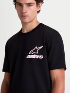 Alpinestars Lineout CSF Tee, Short Sleeve Sportswear T-Shirt on model, Black with White and Red Astars Logo Graphic, Cotton-Poly Blend, Casual Lifestyle Wear for Men and Women