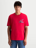 Alpinestars T-Shirt Lineout CSF, t-shirt de manga curta para homem, vermelha com logótipo Astars preto e branco no peito, vista frontal em modelo, sportswear casual, gola redonda, material em mistura de algodão e poliéster