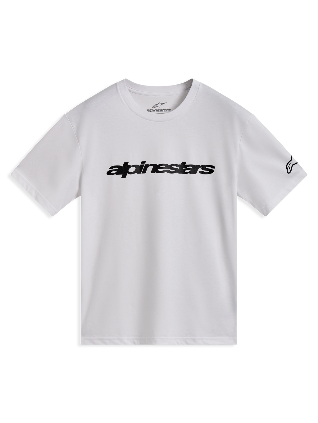 Alpinestars Race Wordmark CSF Tee, t-shirt de manga curta branca, logótipo frontal e gráfico na manga pretos, sportswear casual