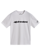 Alpinestars Race Wordmark CSF Tee, t-shirt de manga curta branca, logótipo frontal e gráfico na manga pretos, sportswear casual
