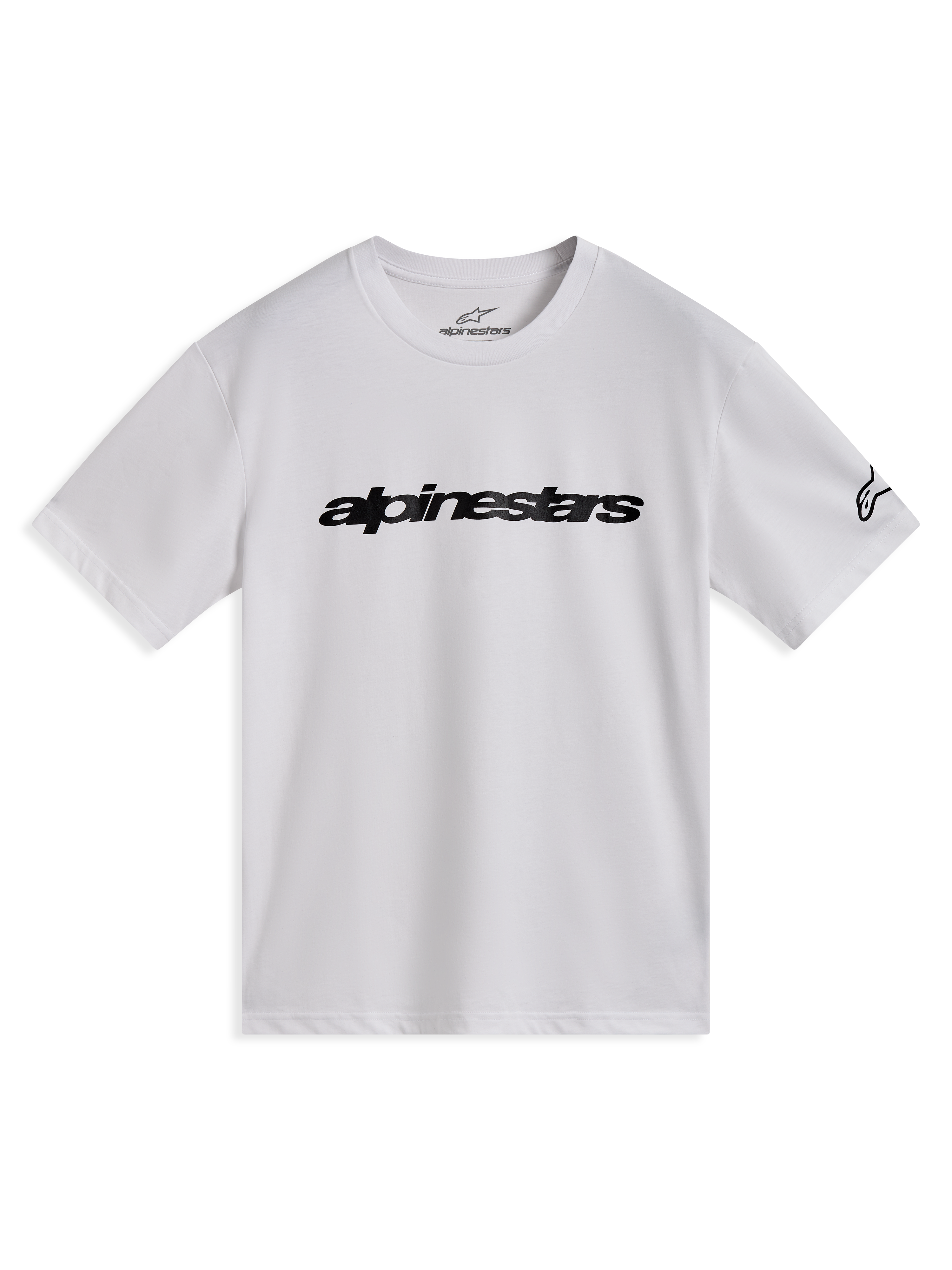 Alpinestars Race Wordmark CSF Tee, t-shirt de manga curta branca, logótipo frontal e gráfico na manga pretos, sportswear casual
