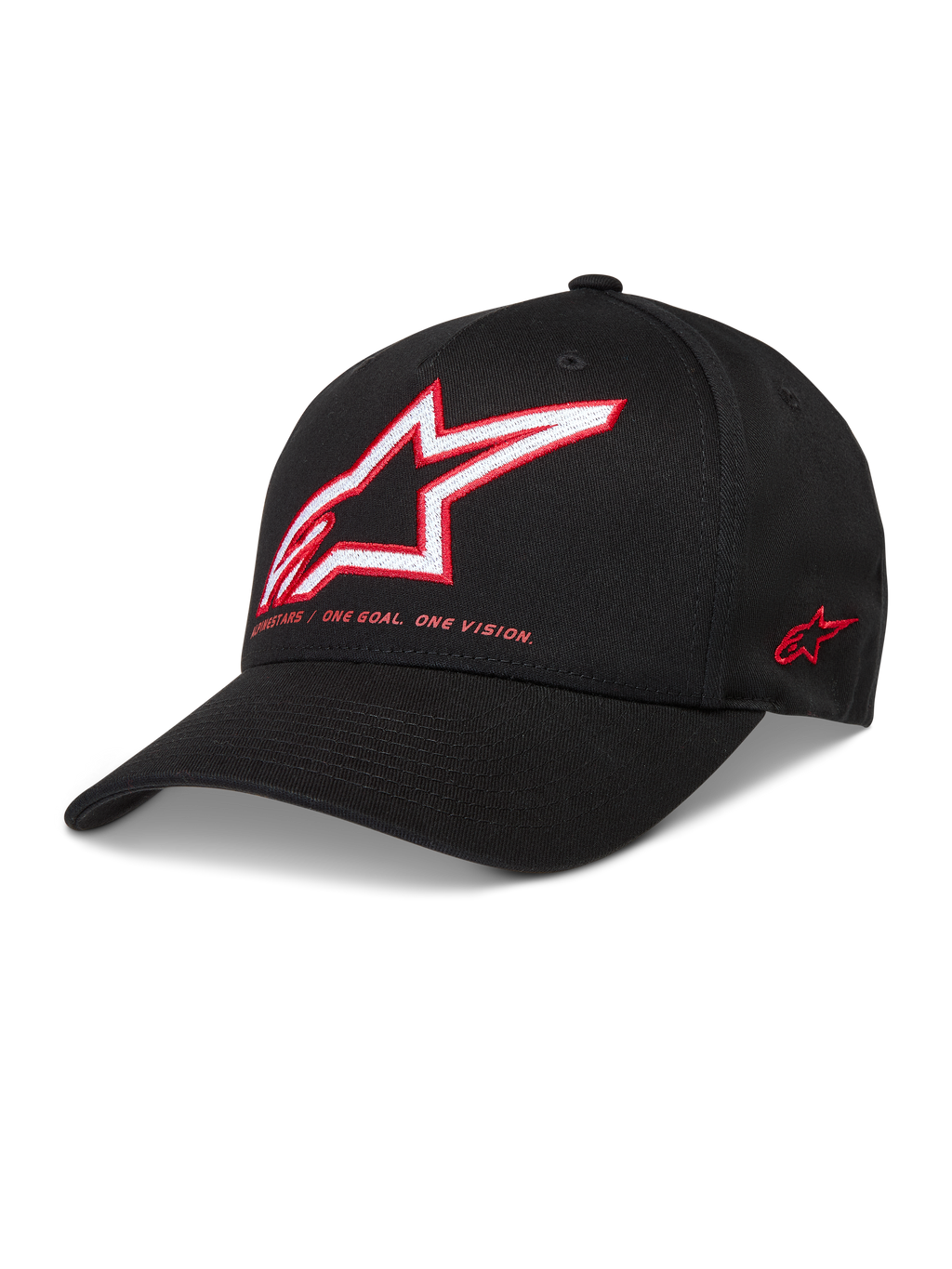 Alpinestars Lineout, boné em sarja preto com coroa estruturada, aba curva e logótipo Astars bordado a vermelho e branco.