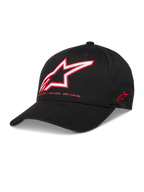 Alpinestars Lineout, boné em sarja preto com coroa estruturada, aba curva e logótipo Astars bordado a vermelho e branco.