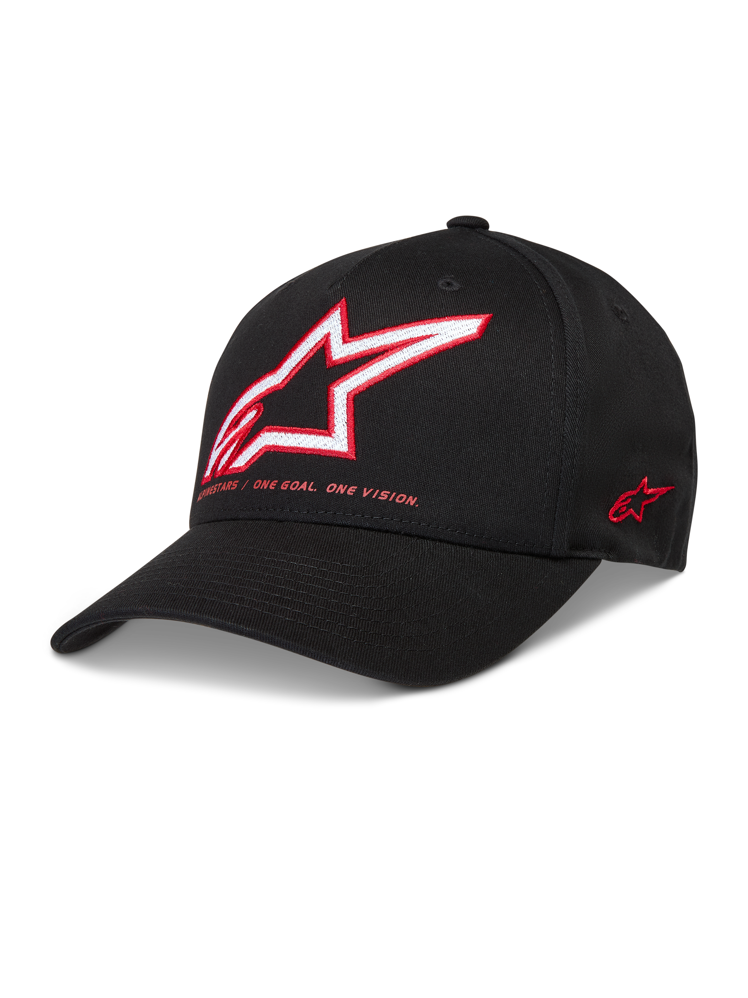 Alpinestars Lineout, boné em sarja preto com coroa estruturada, aba curva e logótipo Astars bordado a vermelho e branco.
