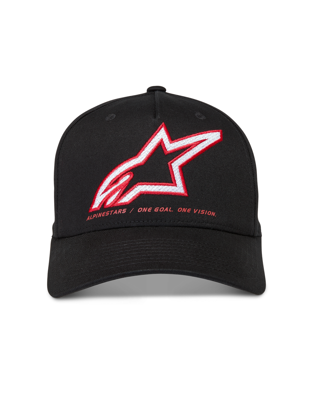 Alpinestars Lineout Chapéu, boné de sarja preto com aba curva e logótipo Astars bordado em vermelho e branco.