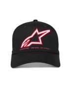 Alpinestars Lineout Chapéu, boné de sarja preto com aba curva e logótipo Astars bordado em vermelho e branco.
