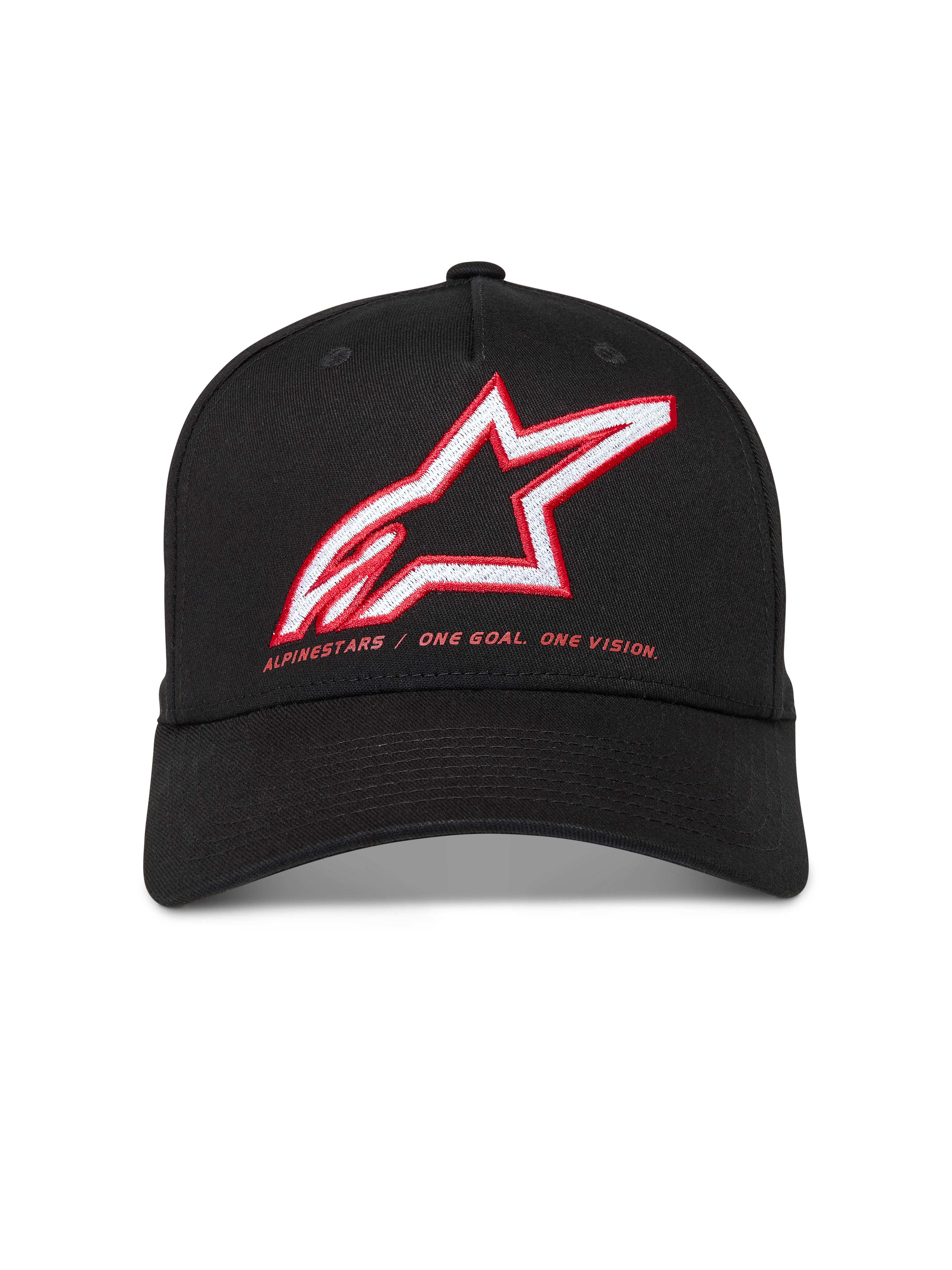 Alpinestars Lineout Chapéu, boné de sarja preto com aba curva e logótipo Astars bordado em vermelho e branco.