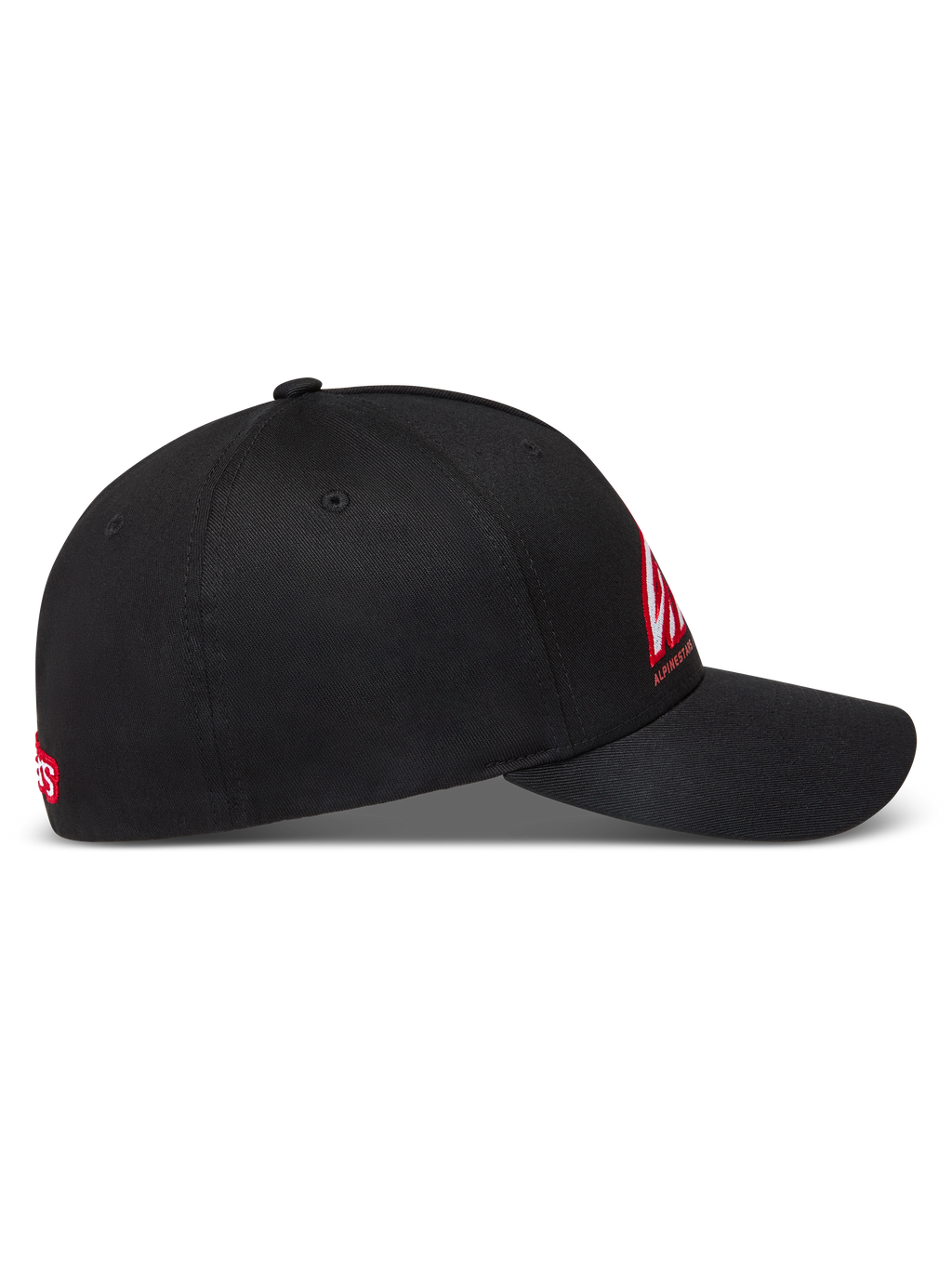 Alpinestars Lineout Chapéu, boné de aba curva e coroa estruturada, preto com bordado vermelho e branco, em tecido de sarja, vista lateral