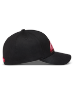 Alpinestars Lineout Chapéu, boné de aba curva e coroa estruturada, preto com bordado vermelho e branco, em tecido de sarja, vista lateral