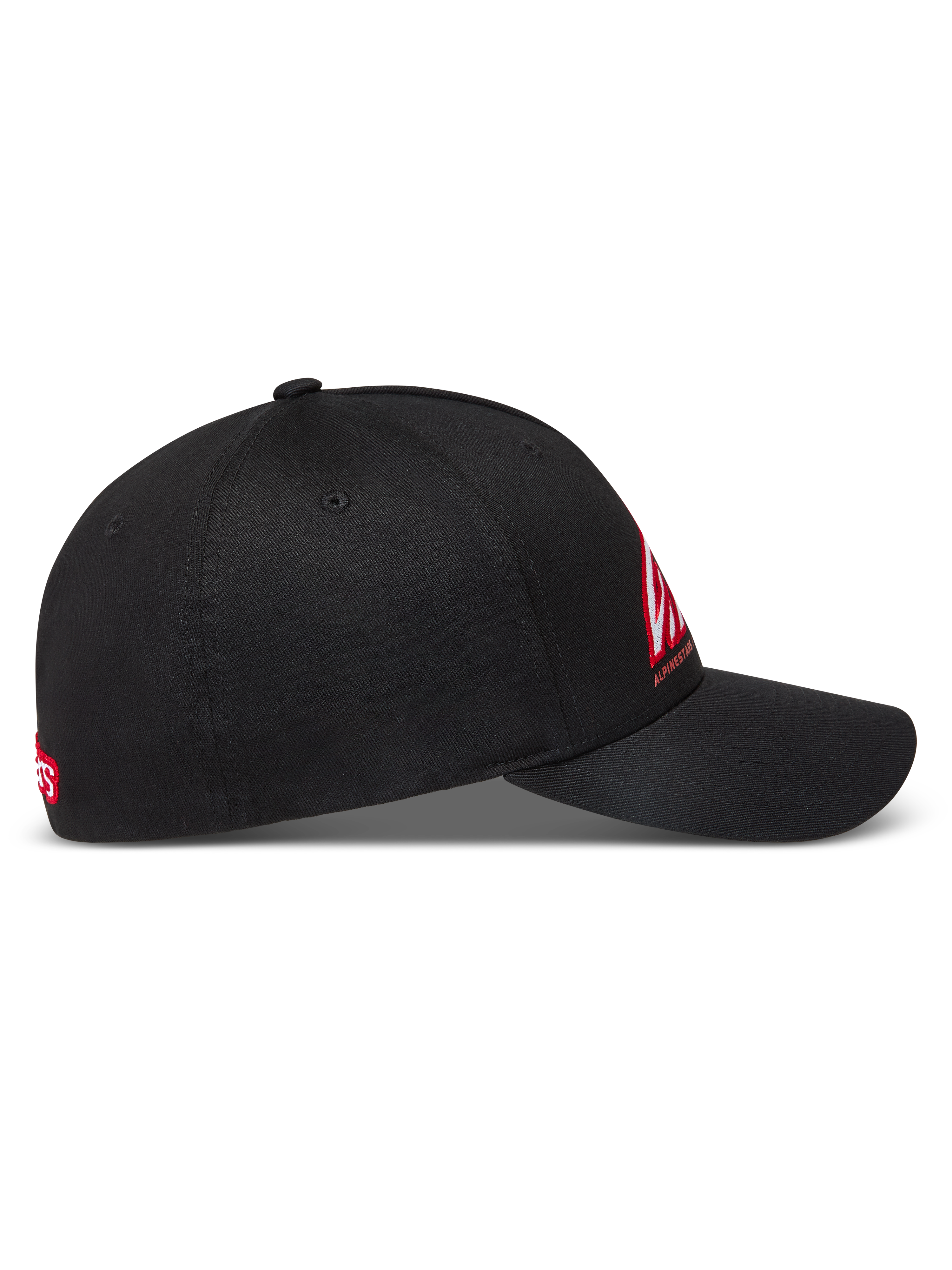 Alpinestars Lineout Chapéu, boné de aba curva e coroa estruturada, preto com bordado vermelho e branco, em tecido de sarja, vista lateral