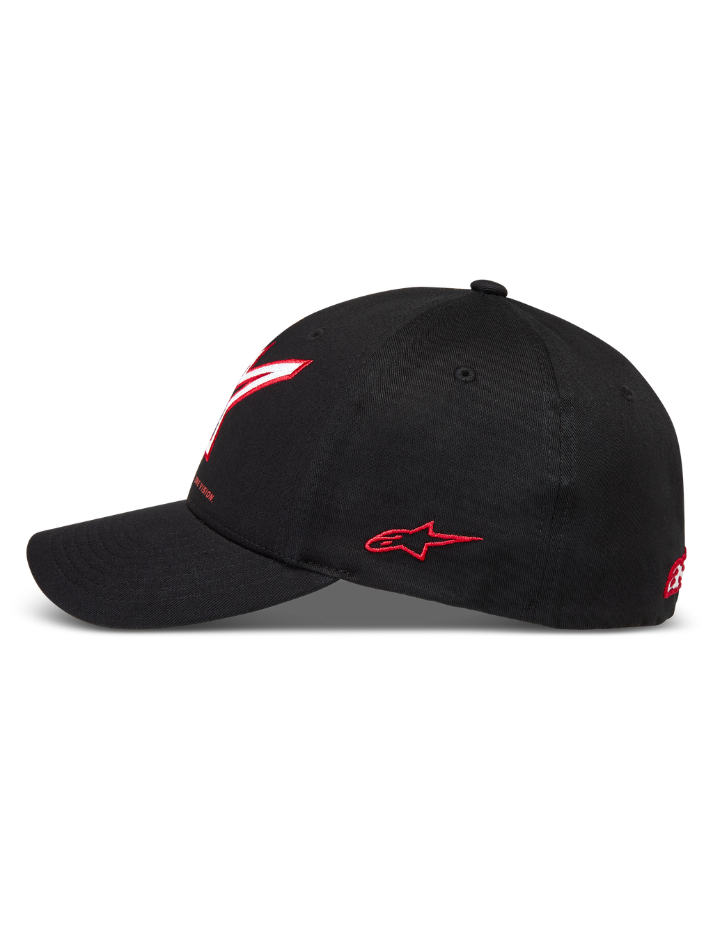 Alpinestars Lineout Chapéu, boné de desportos motorizados em sarja preta com aba curva e logótipos bordados a vermelho.