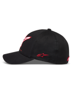 Alpinestars Lineout Chapéu, boné de desportos motorizados em sarja preta com aba curva e logótipos bordados a vermelho.