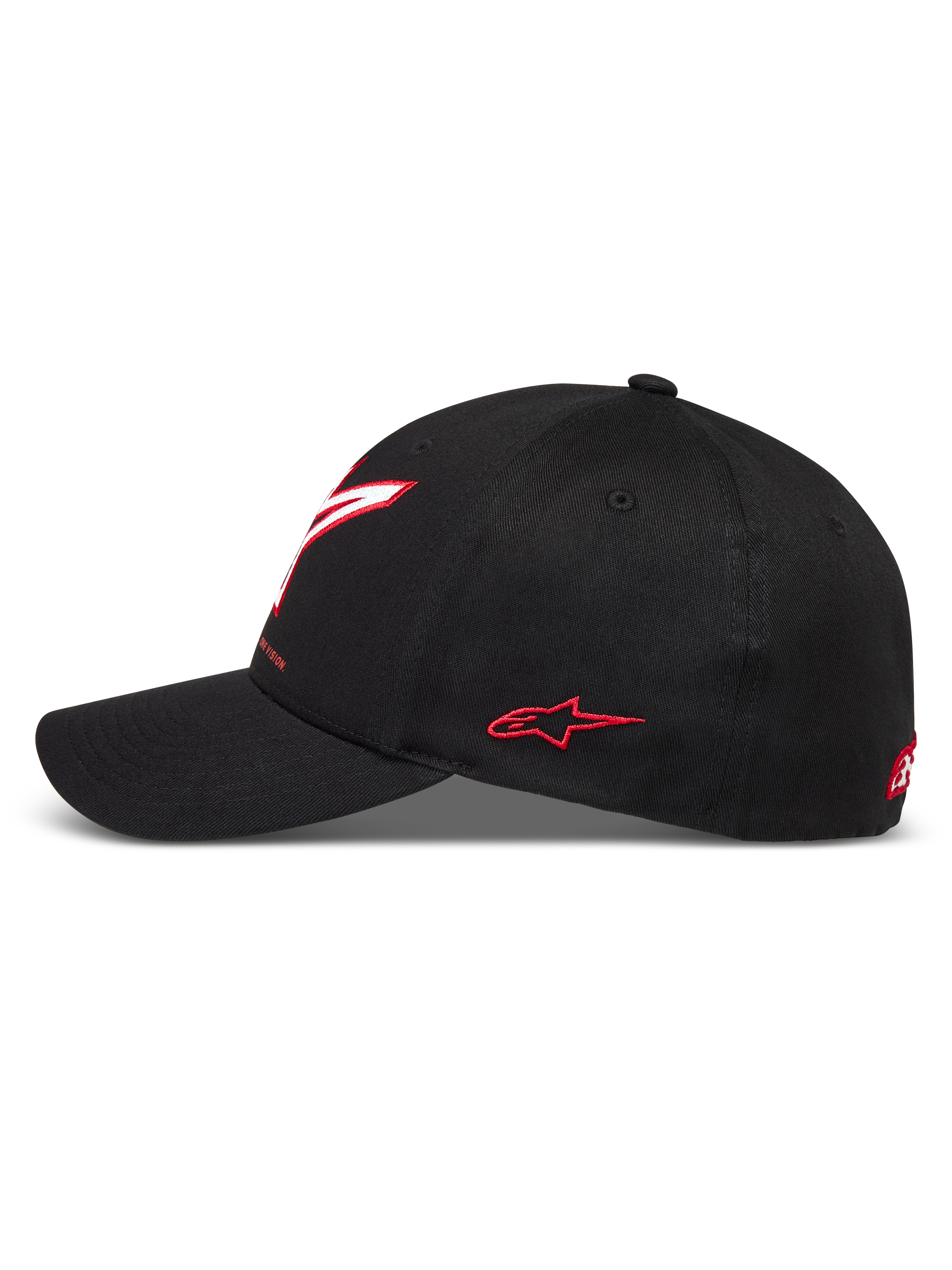 Alpinestars Lineout Chapéu, boné de desportos motorizados em sarja preta com aba curva e logótipos bordados a vermelho.