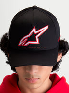 Alpinestars Boné Lineout, boné de basebol sportswear unissexo, preto com logótipo Astars bordado em vermelho e branco, slogan One Goal One Vision, aba curva e coroa estruturada.