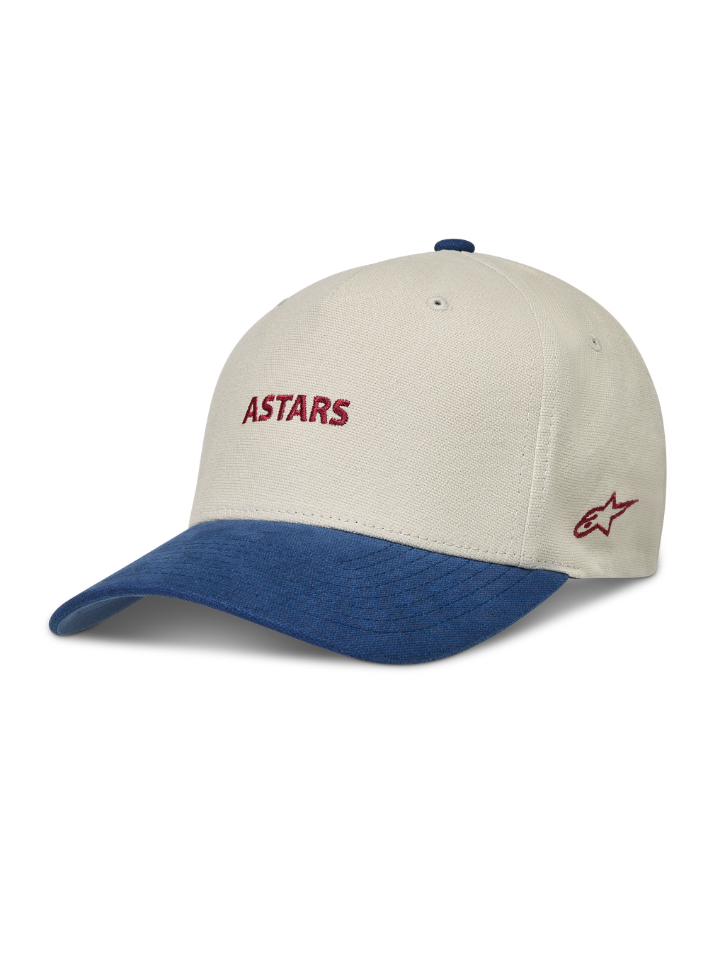 Alpinestars County Canvas Chapéu, boné sportswear areia e azul com aba curva e logótipo Astars bordado a vermelho.