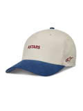Alpinestars County Canvas Chapéu, boné sportswear areia e azul com aba curva e logótipo Astars bordado a vermelho.
