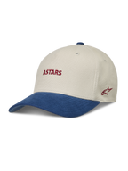 Alpinestars County Canvas Chapéu, boné sportswear areia e azul com aba curva e logótipo Astars bordado a vermelho.