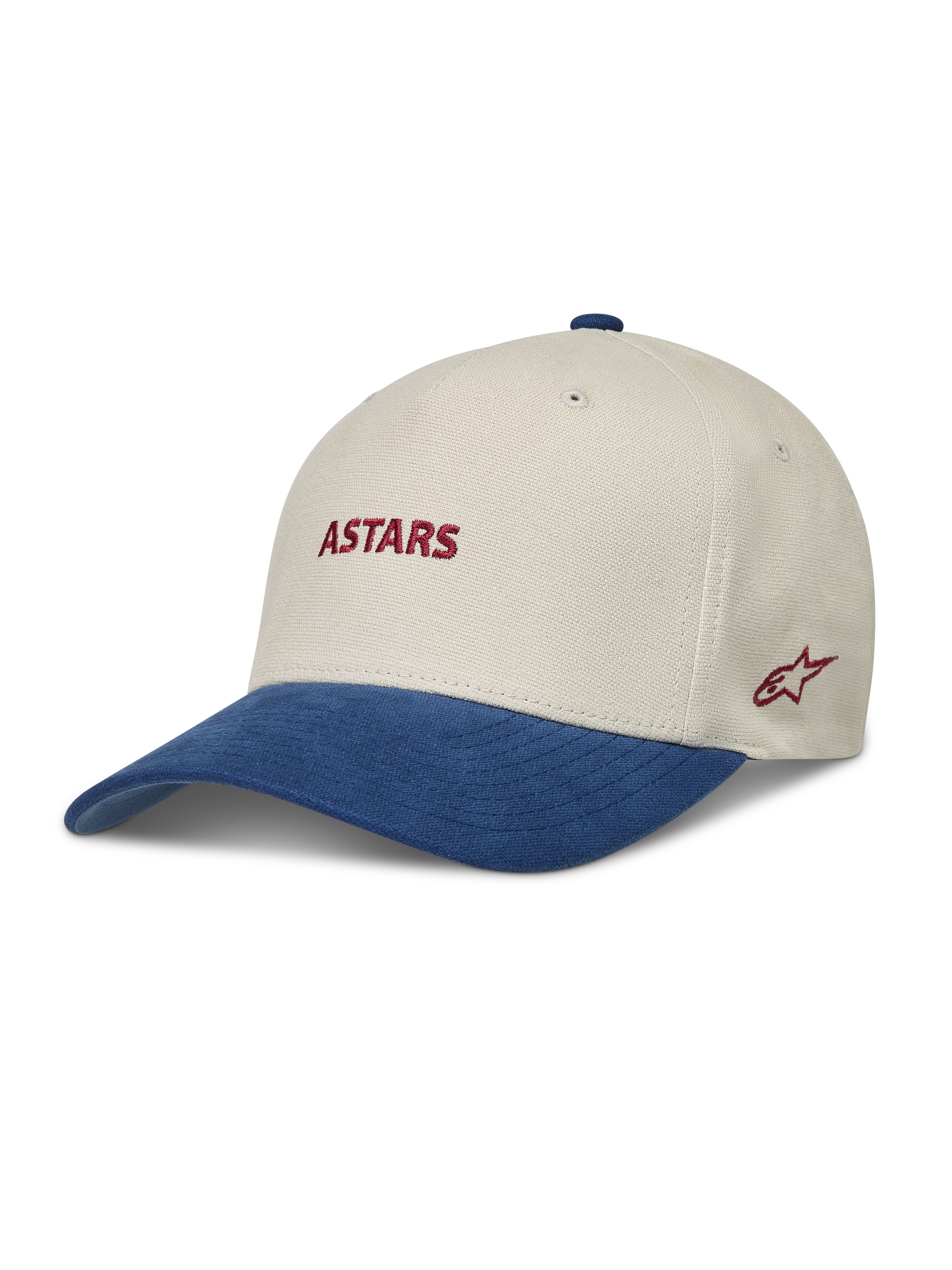 Alpinestars County Canvas Chapéu, boné sportswear areia e azul com aba curva e logótipo Astars bordado a vermelho.