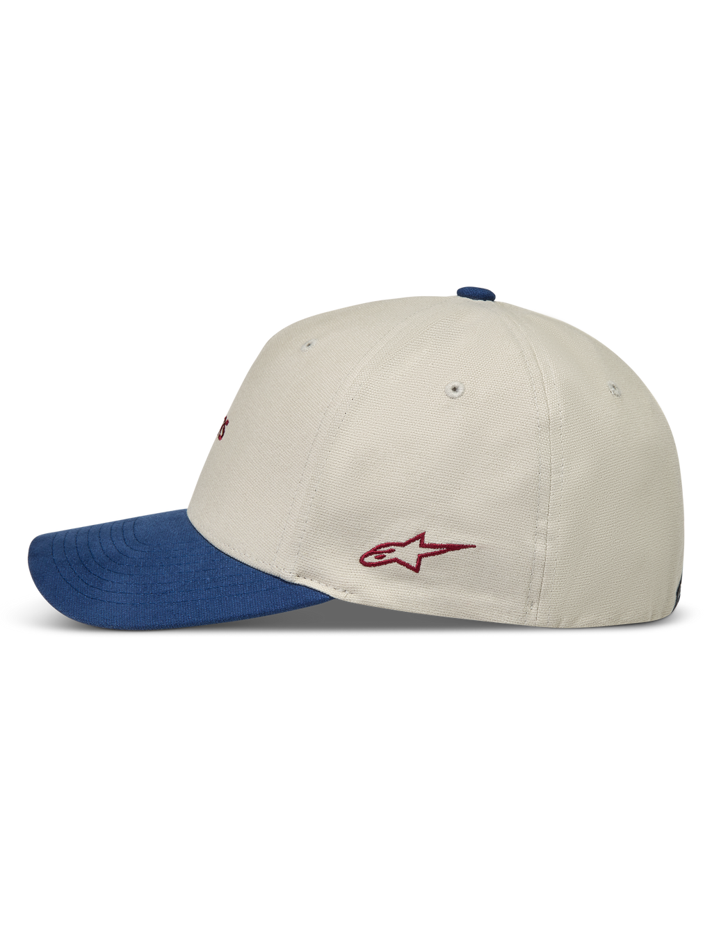 Alpinestars County Canvas Chapéu, boné de sportswear, vista lateral em areia e azul com aba curva, coroa estruturada e logótipo Astars vermelho bordado.