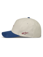 Alpinestars County Canvas Chapéu, boné de sportswear, vista lateral em areia e azul com aba curva, coroa estruturada e logótipo Astars vermelho bordado.
