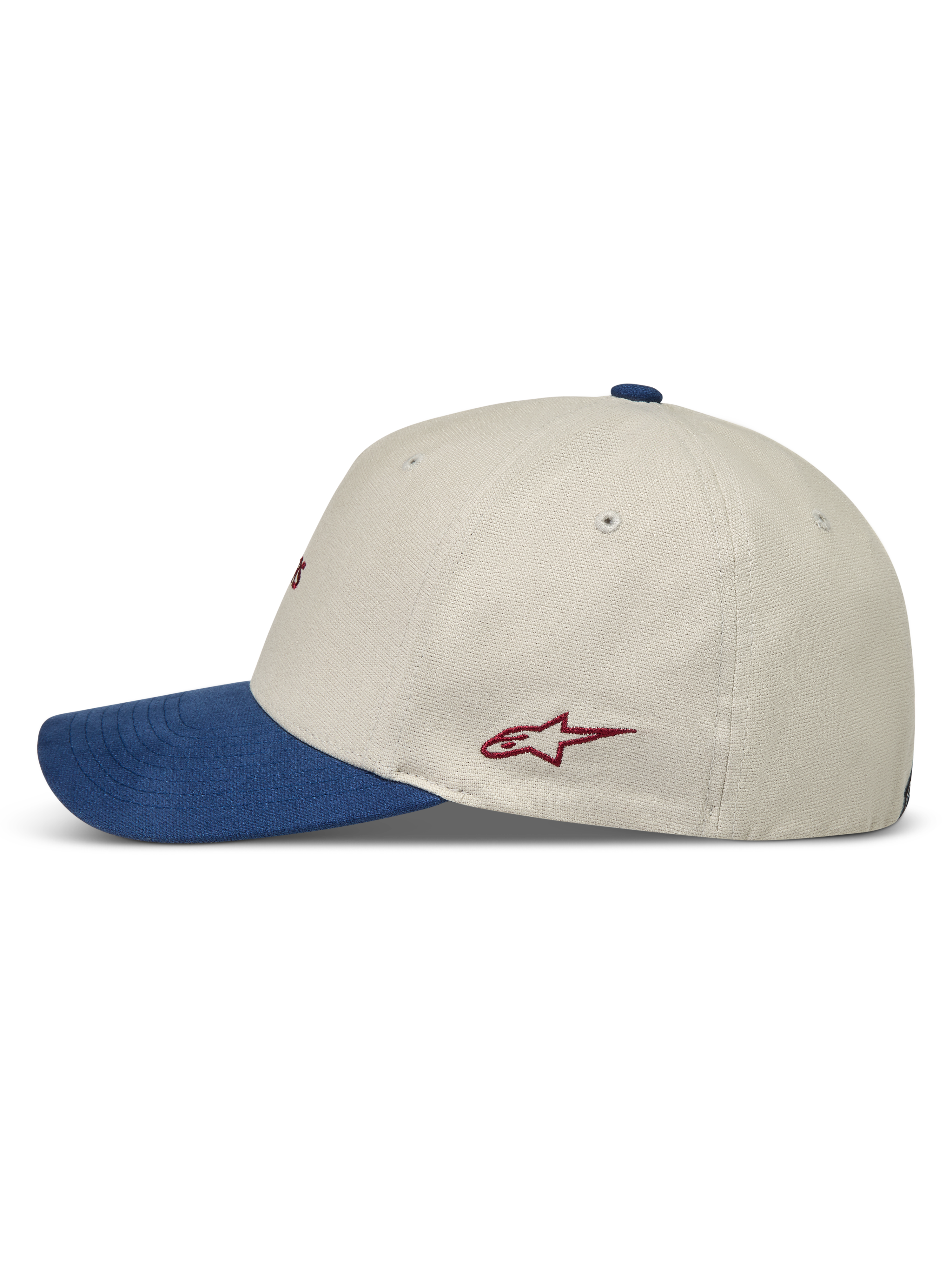 Alpinestars County Canvas Chapéu, boné de sportswear, vista lateral em areia e azul com aba curva, coroa estruturada e logótipo Astars vermelho bordado.