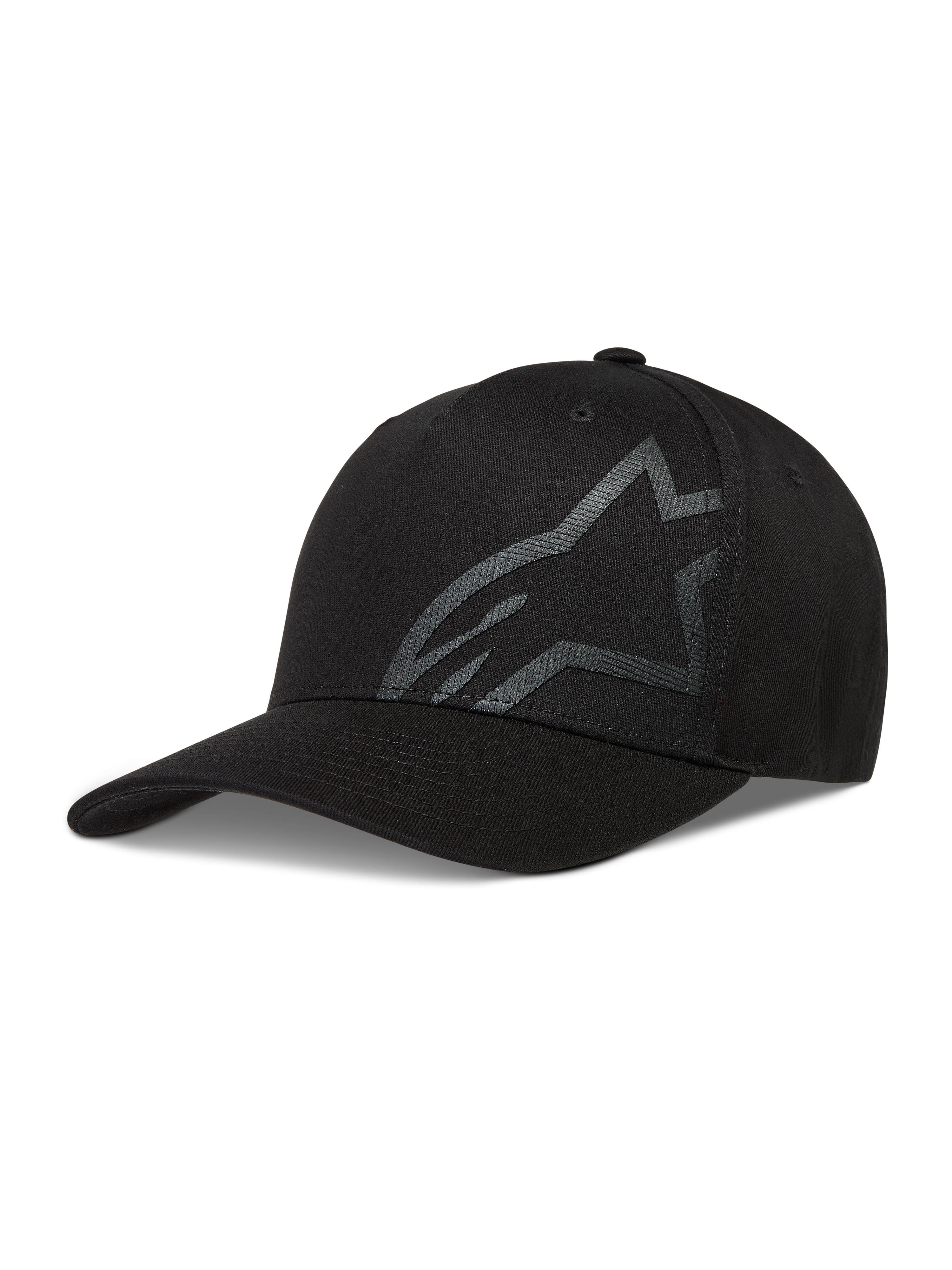 Alpinestars Maze Hat, chapéu de estilo basebol para sportswear, preto, com logótipo Astars texturizado, aba curva e tecido em sarja.
