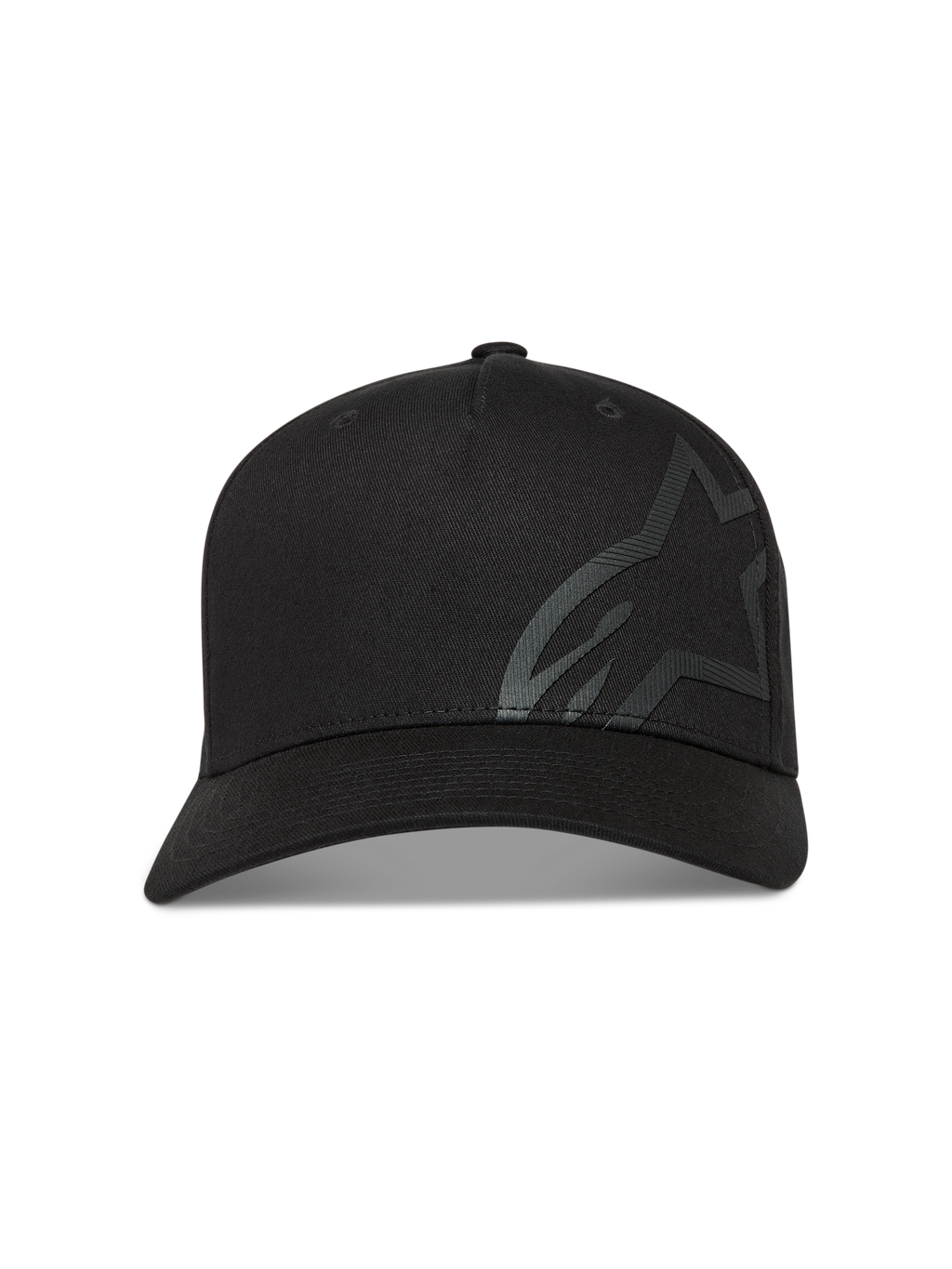 Alpinestars Maze Chapéu, boné de sarja preto com aba curva e grande logótipo Astars texturizado, estilo sportswear casual.