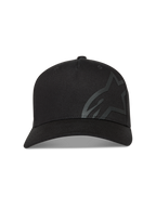 Alpinestars Maze Chapéu, boné de sarja preto com aba curva e grande logótipo Astars texturizado, estilo sportswear casual.