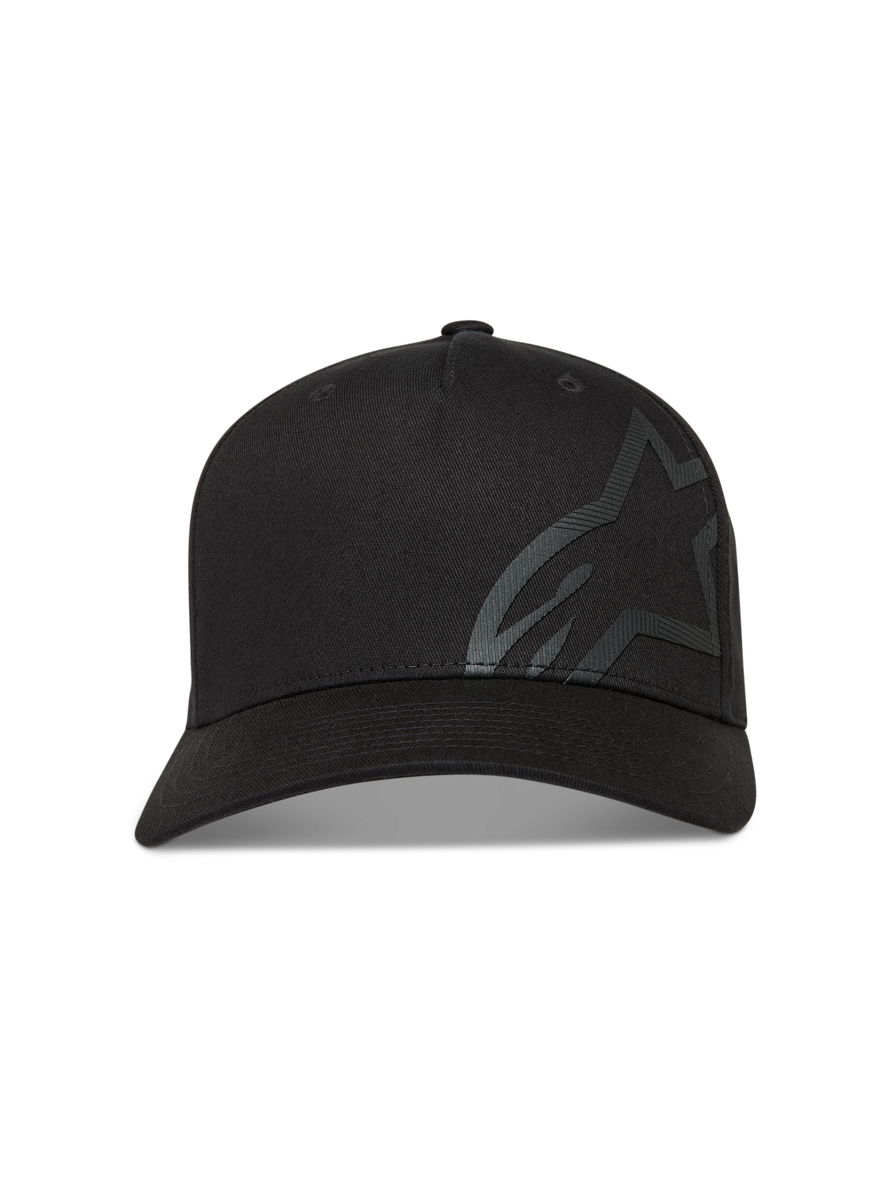 Alpinestars Maze Chapéu, boné de sarja preto com aba curva e grande logótipo Astars texturizado, estilo sportswear casual.