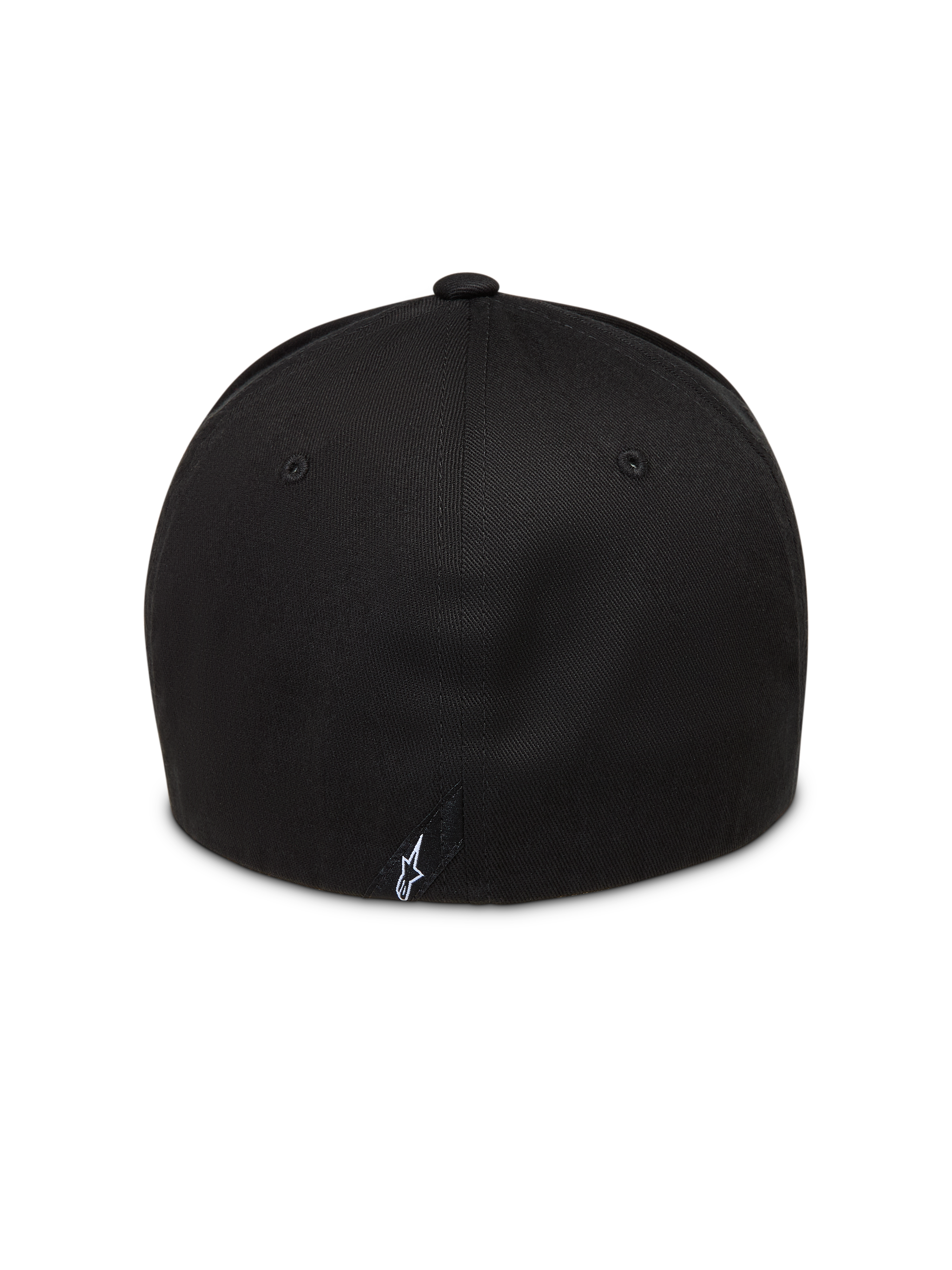 Alpinestars Maze Chapéu, boné de sarja flexível preto, vista traseira com logótipo Astars e coroa estruturada, sportswear.