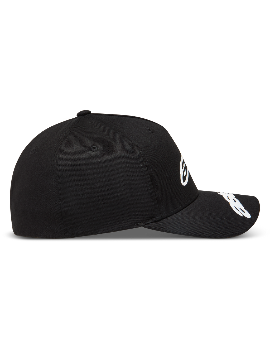 Alpinestars Arclight Chapéu, boné de aba curva preto, coroa estruturada em sarja com logótipos brancos em relevo, estilo sportswear.
