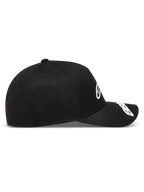 Alpinestars Arclight Chapéu, boné de aba curva preto, coroa estruturada em sarja com logótipos brancos em relevo, estilo sportswear.