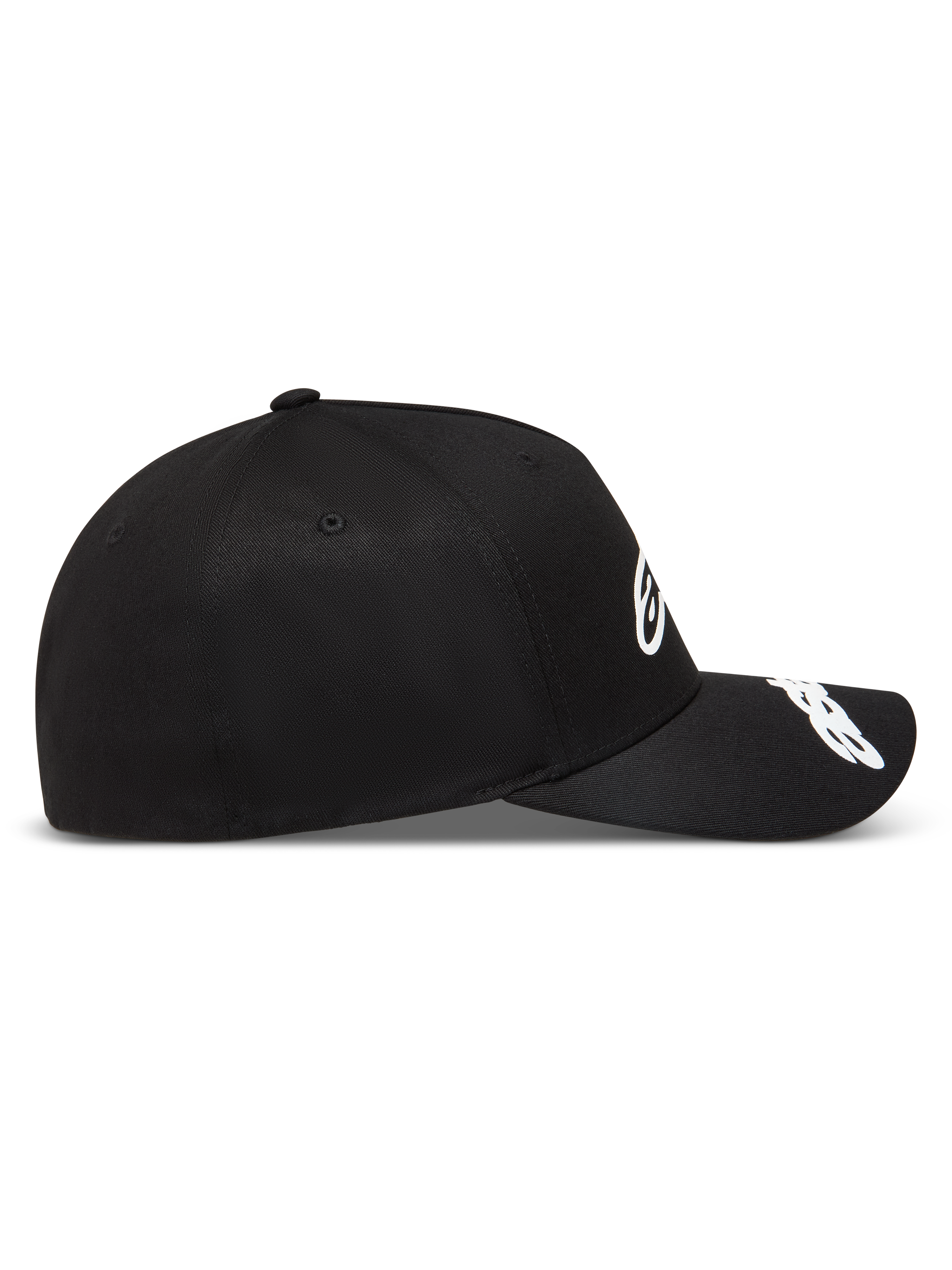 Alpinestars Arclight Chapéu, boné de aba curva preto, coroa estruturada em sarja com logótipos brancos em relevo, estilo sportswear.