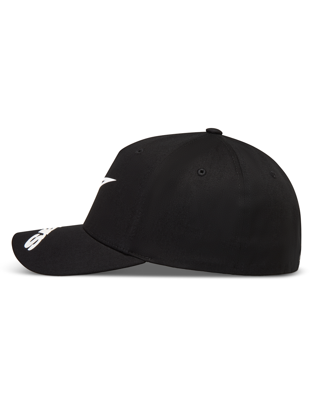 Alpinestars Arclight, boné de sportswear preto, vista lateral com logótipo branco, aba curva e coroa estruturada.