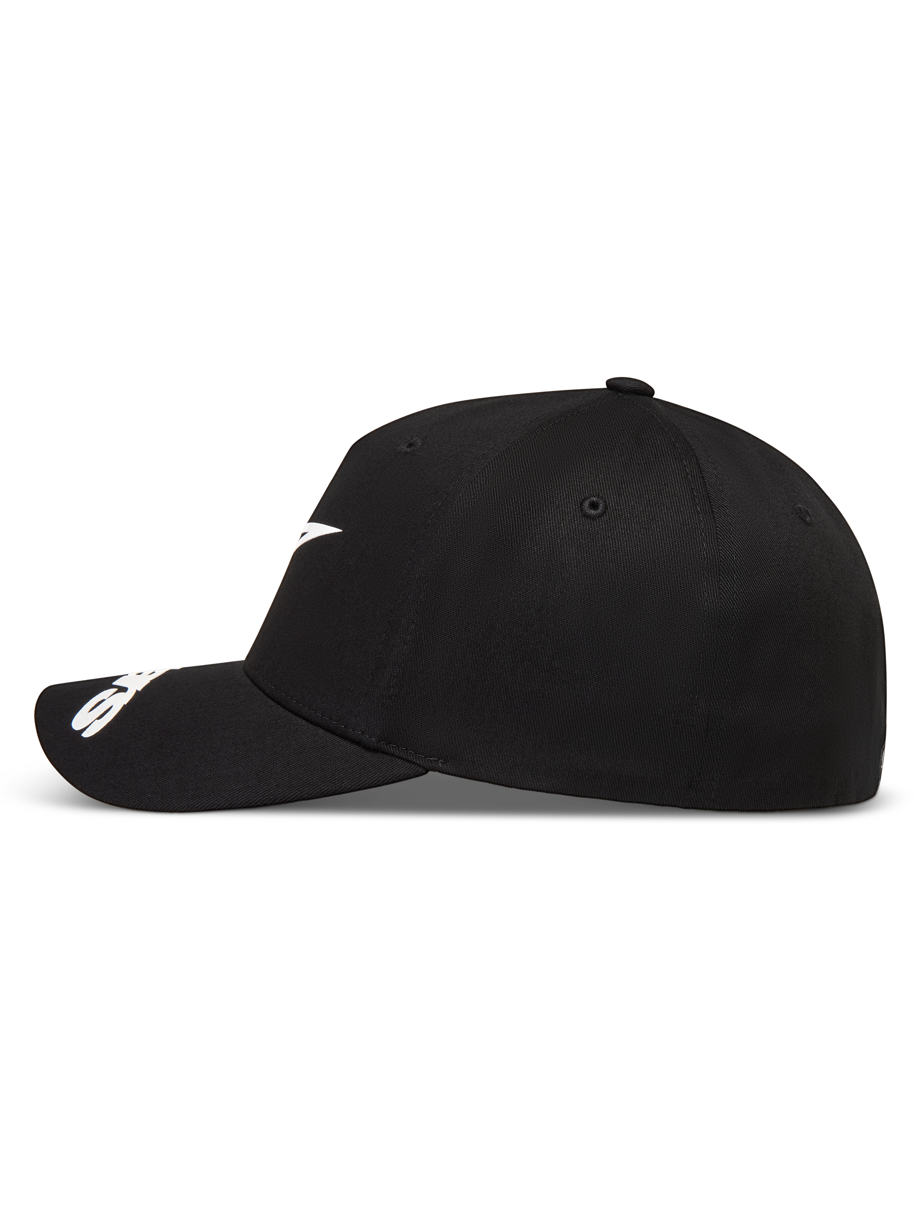 Alpinestars Arclight, boné de sportswear preto, vista lateral com logótipo branco, aba curva e coroa estruturada.