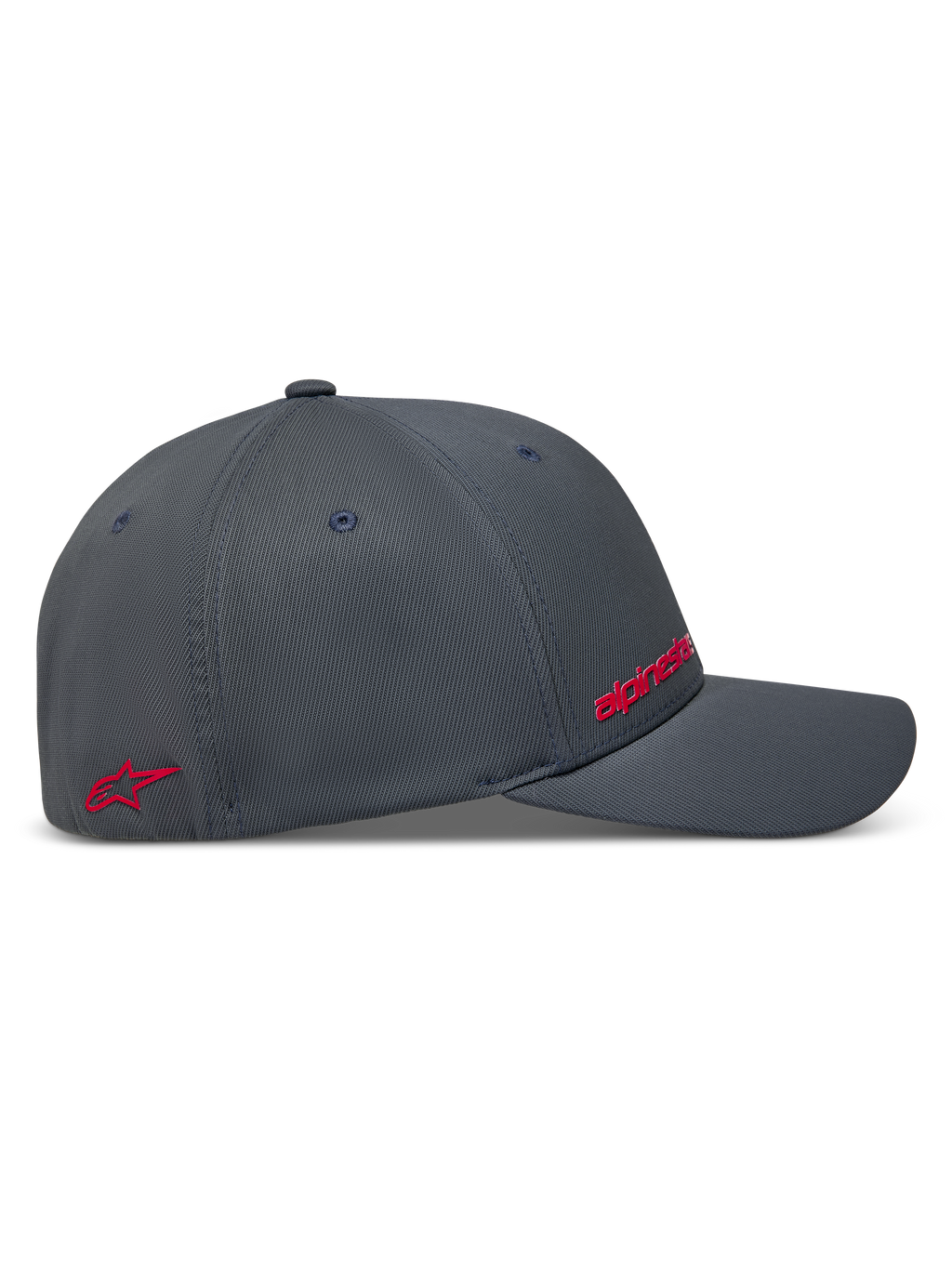 Alpinestars Points Chapéu, boné cinzento escuro, vista lateral com logótipos vermelhos em impressão HD e nylon tactel.