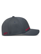 Alpinestars Points Chapéu, boné cinzento escuro, vista lateral com logótipos vermelhos em impressão HD e nylon tactel.